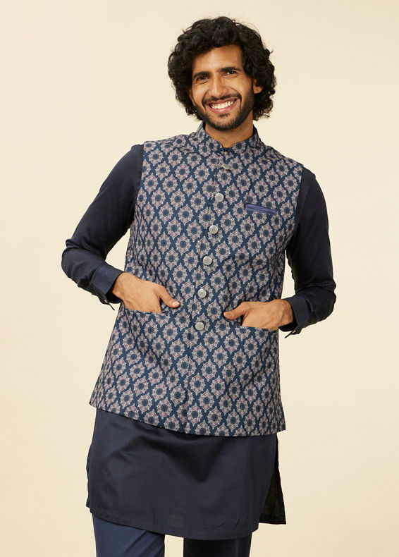 Manyavar Men Dark Blue Medallion Printed Nehru Jacket