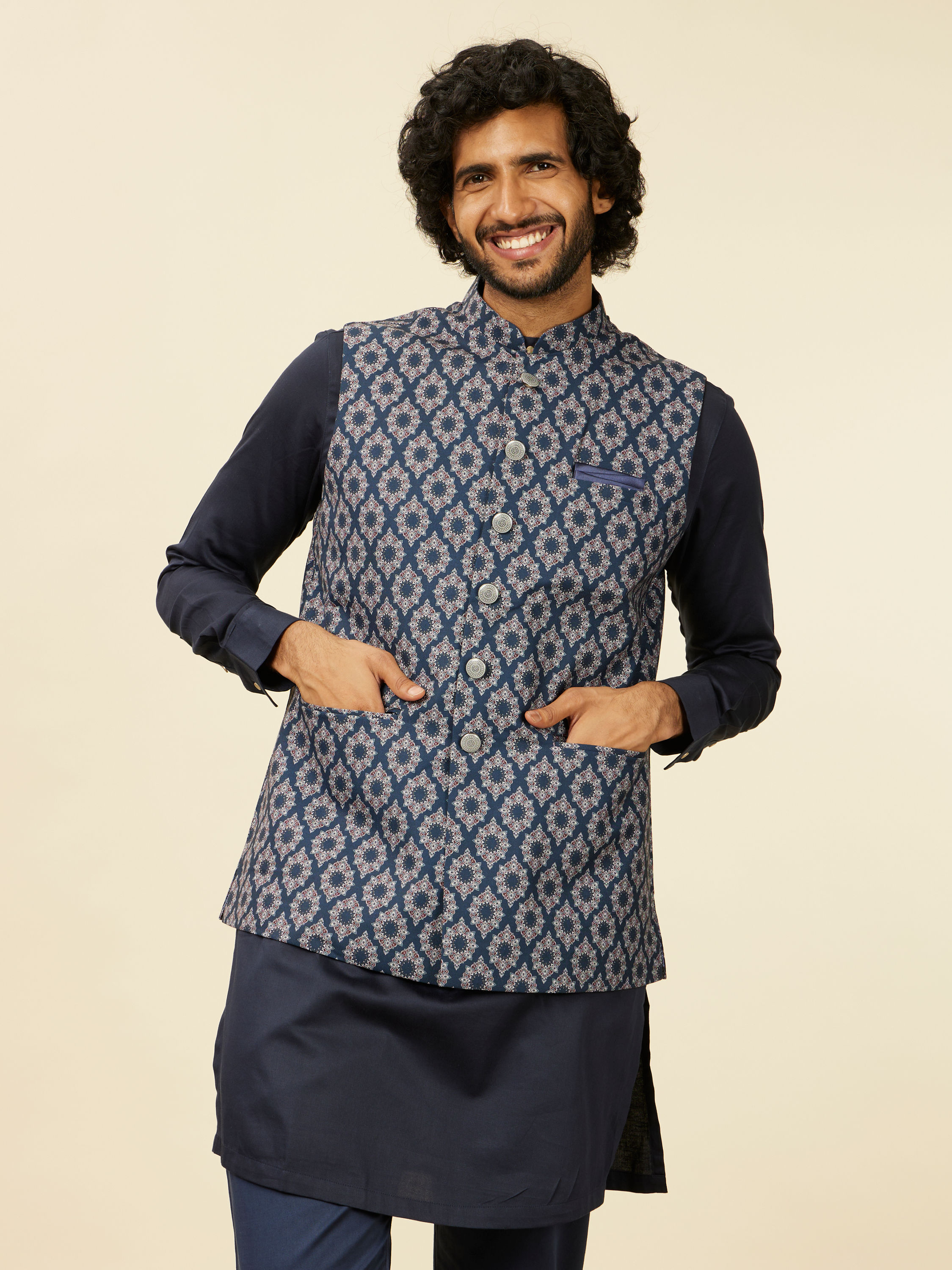 Manyavar Men Dark Blue Medallion Printed Nehru Jacket