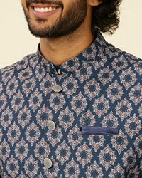 Manyavar Men Dark Blue Medallion Printed Nehru Jacket