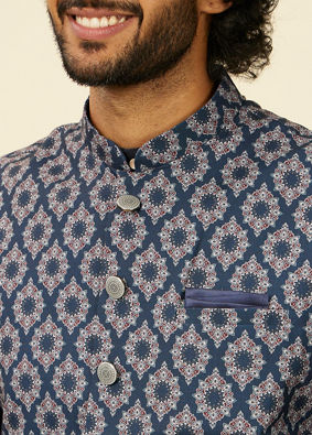 Manyavar Men Dark Blue Medallion Printed Nehru Jacket