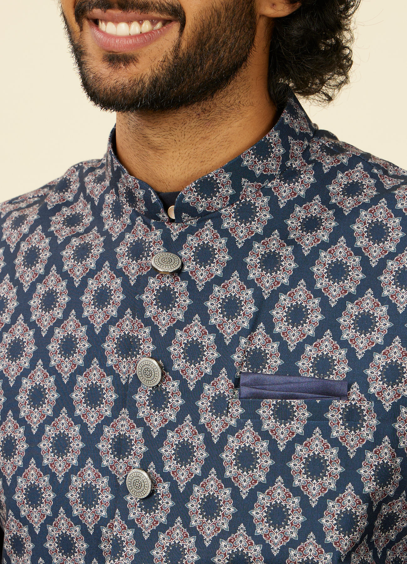 Manyavar Men Dark Blue Medallion Printed Nehru Jacket