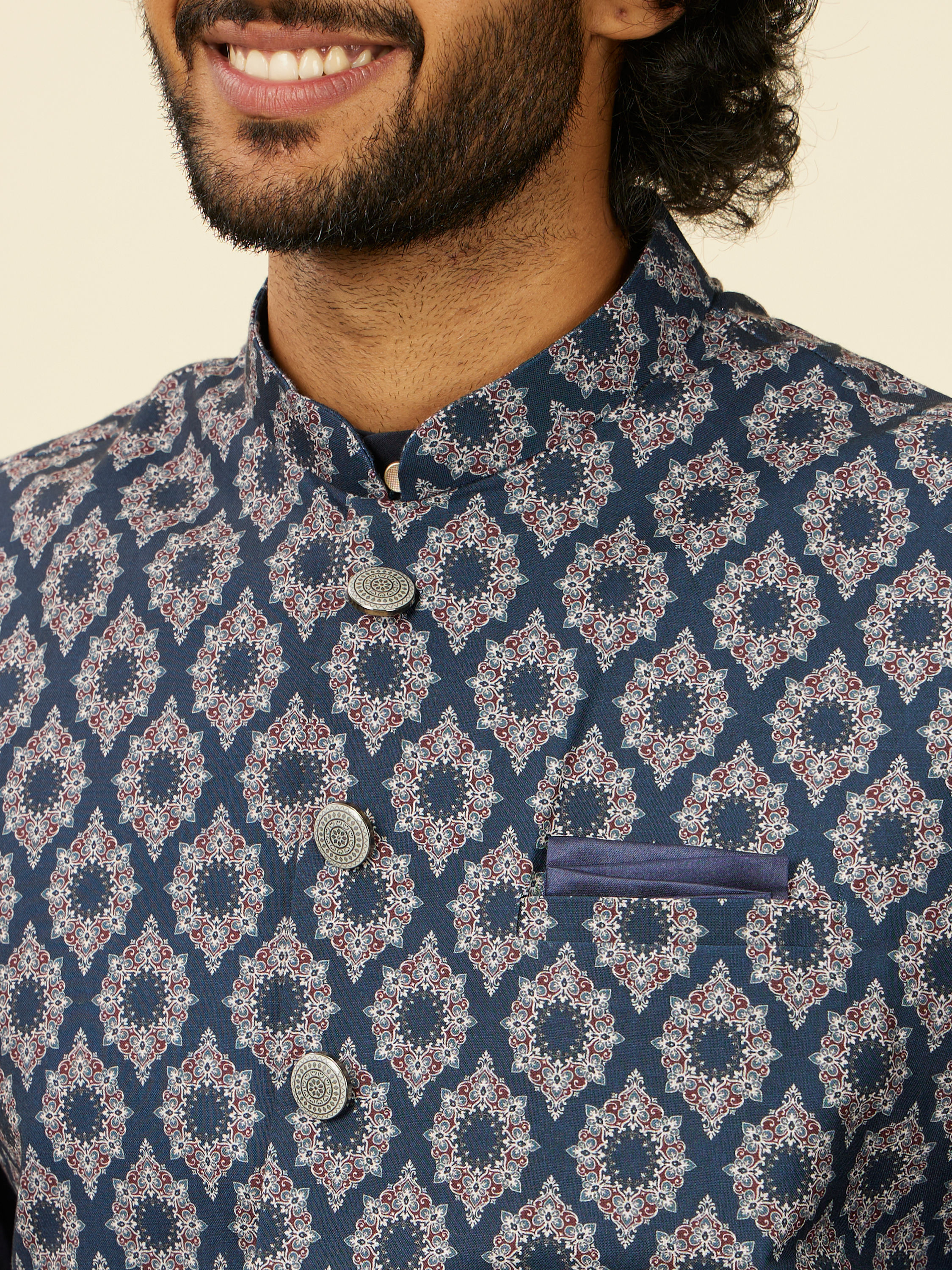 Manyavar Men Dark Blue Medallion Printed Nehru Jacket