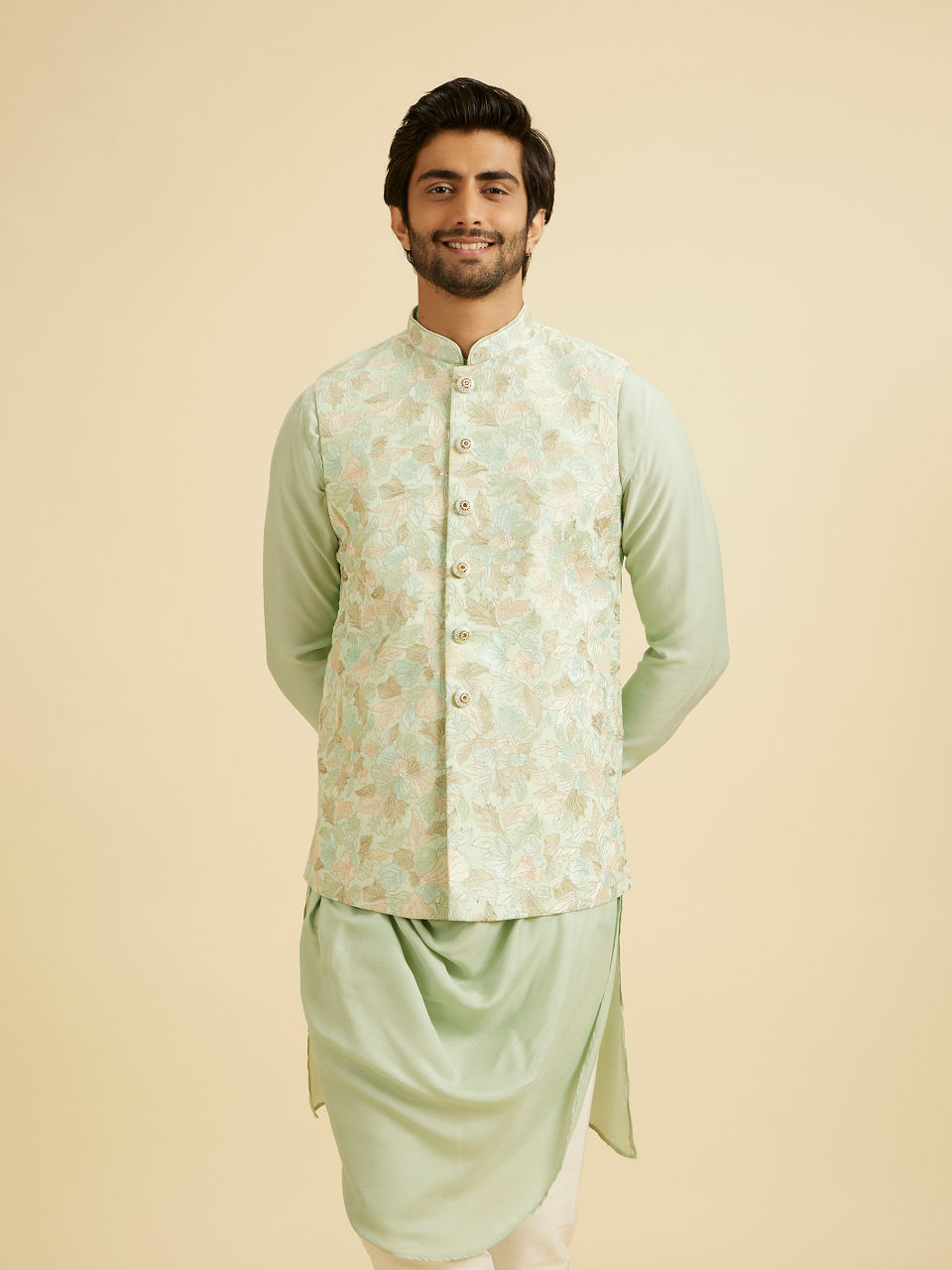 Manyavar Men Radiant Light Mid Green Nehru Jacket