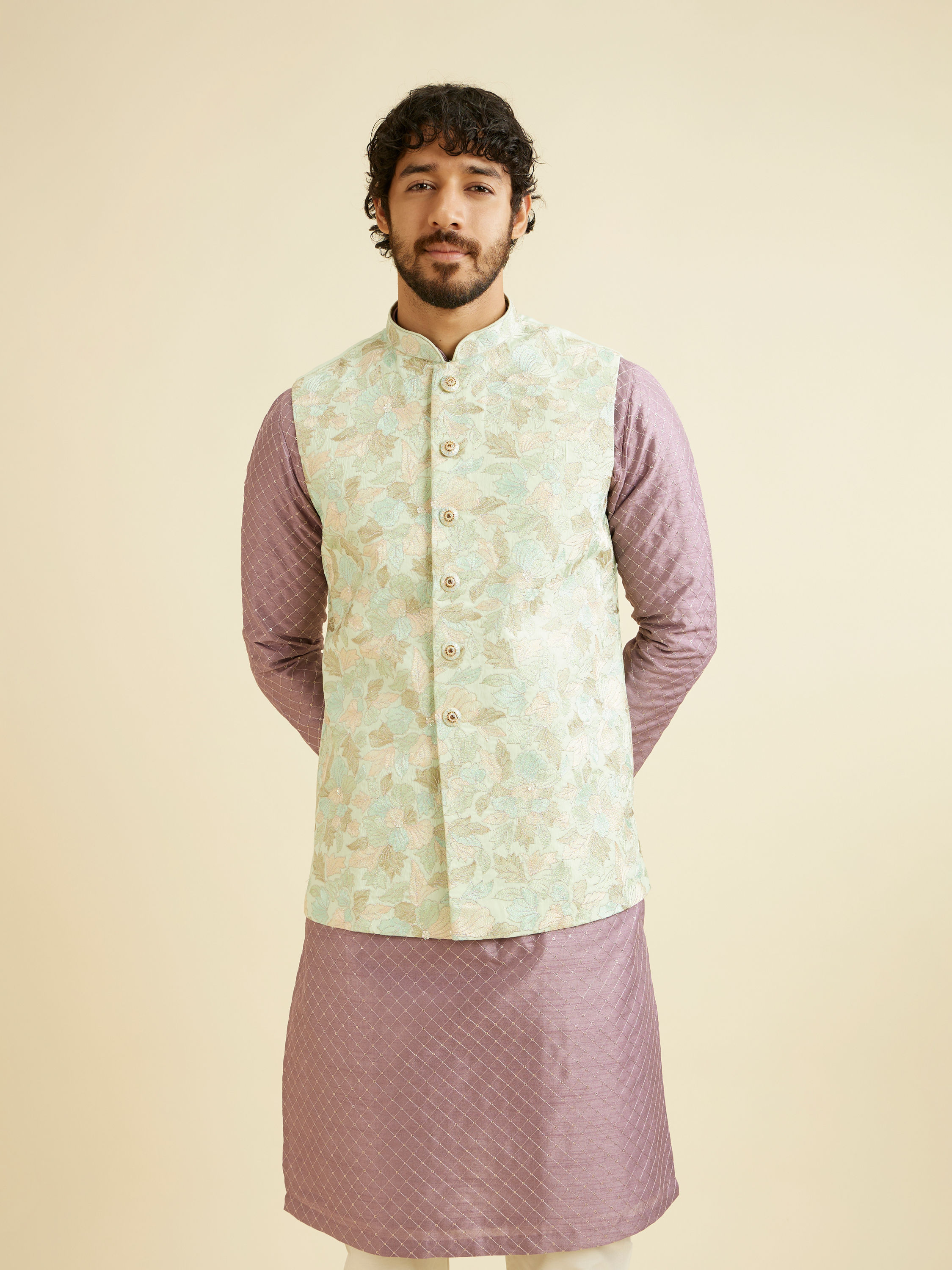 Manyavar Men Radiant Light Mid Green Nehru Jacket