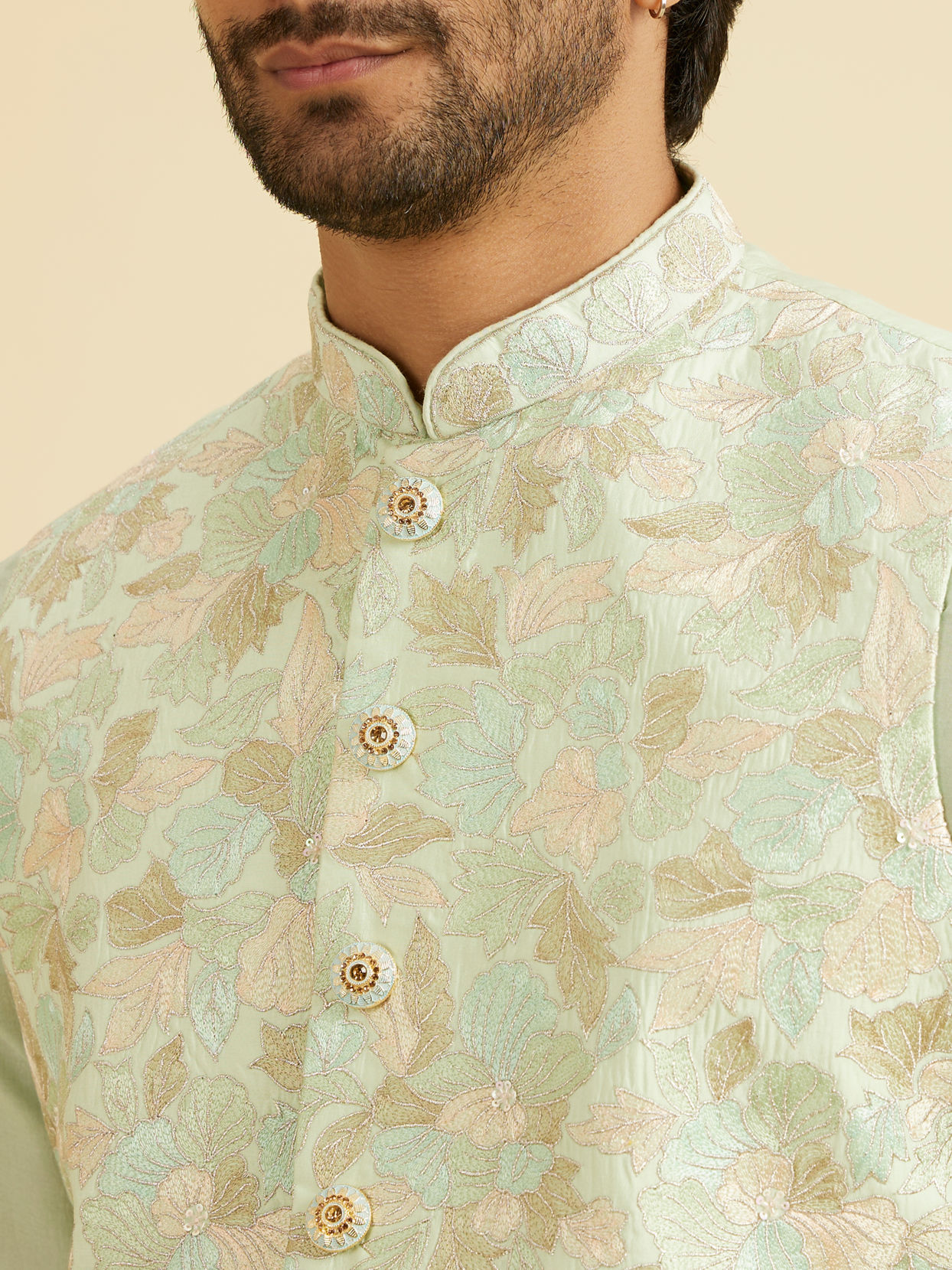 Manyavar Men Radiant Light Mid Green Nehru Jacket