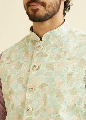 Manyavar Men Radiant Light Mid Green Nehru Jacket image number 1