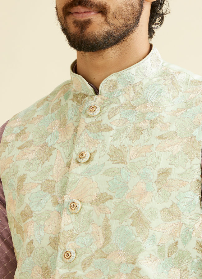 alt message - Manyavar Men Radiant Light Mid Green Nehru Jacket image number 1