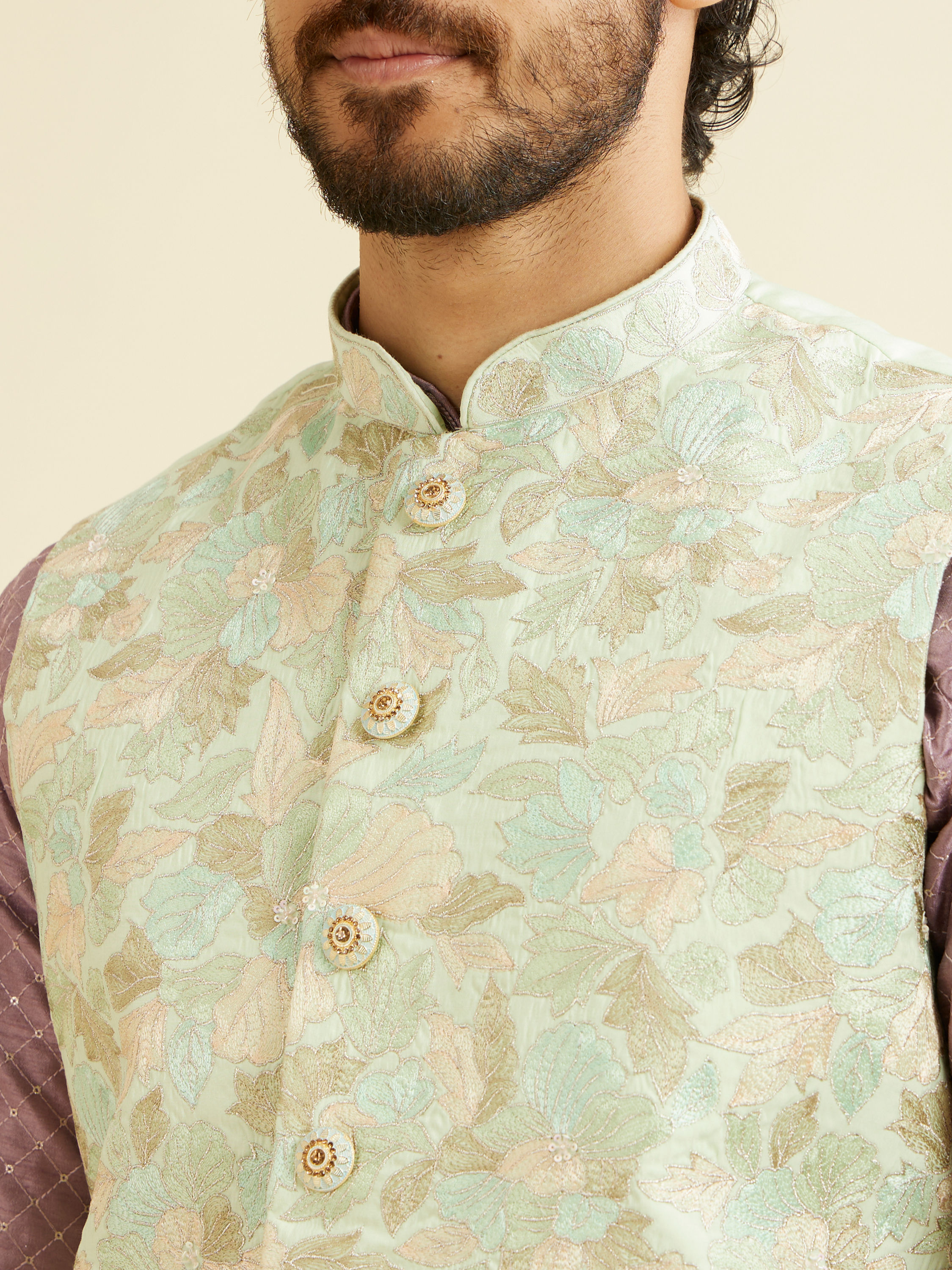 Manyavar Men Radiant Light Mid Green Nehru Jacket