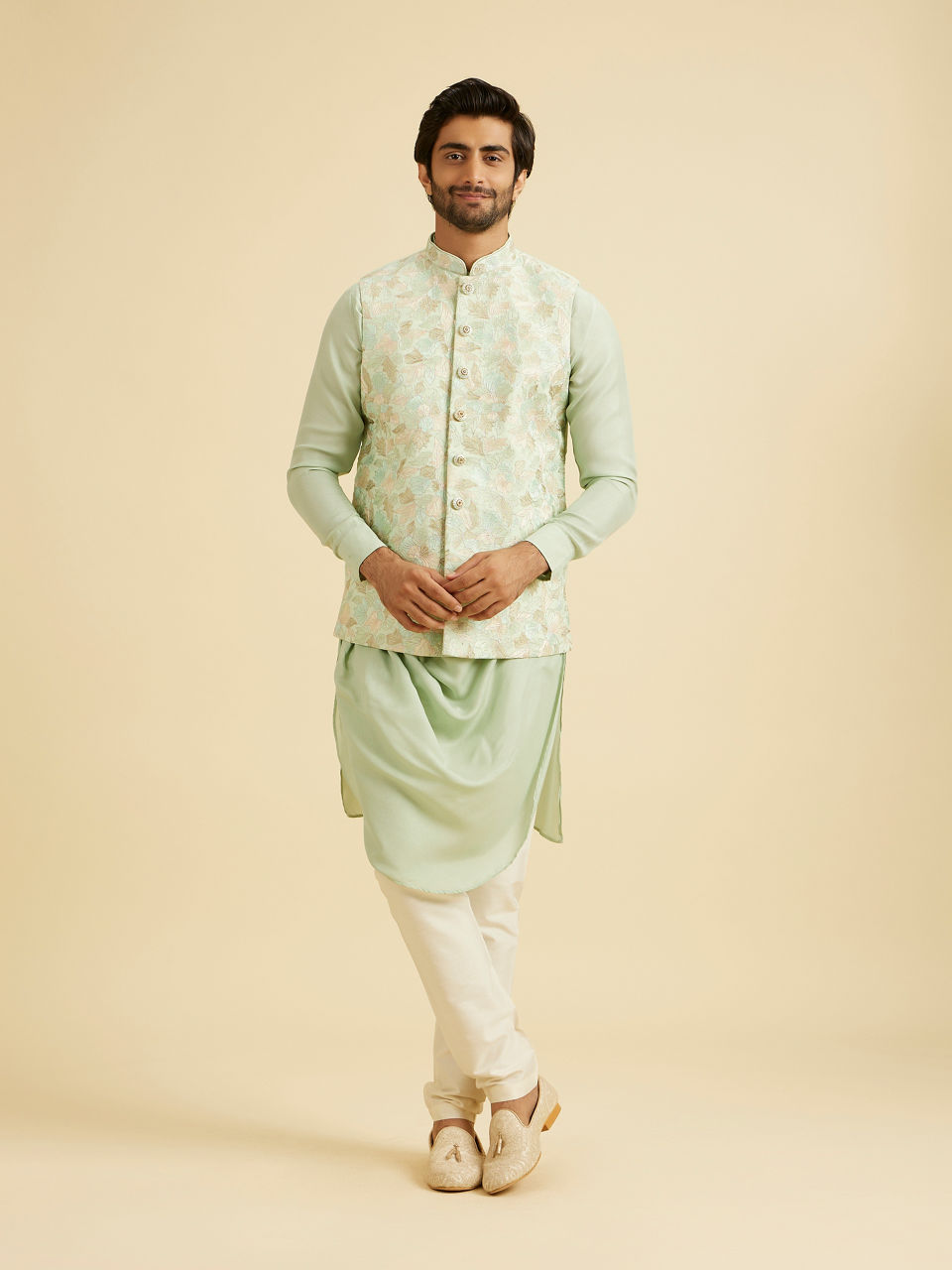 Manyavar Men Radiant Light Mid Green Nehru Jacket