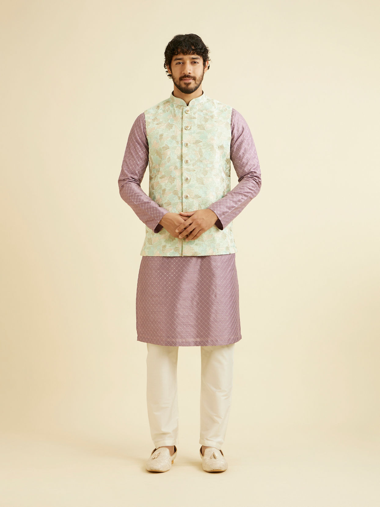 alt message - Manyavar Men Radiant Light Mid Green Nehru Jacket image number 2