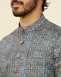 Manyavar Men Dark Blue Self Patterned Nehru Jacket