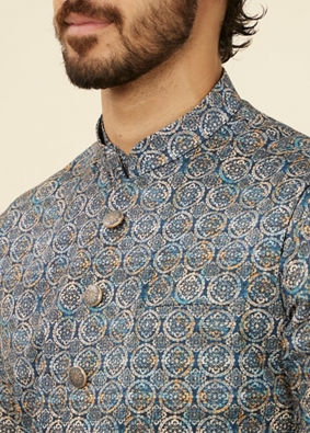 Manyavar Men Dark Blue Self Patterned Nehru Jacket image number 1