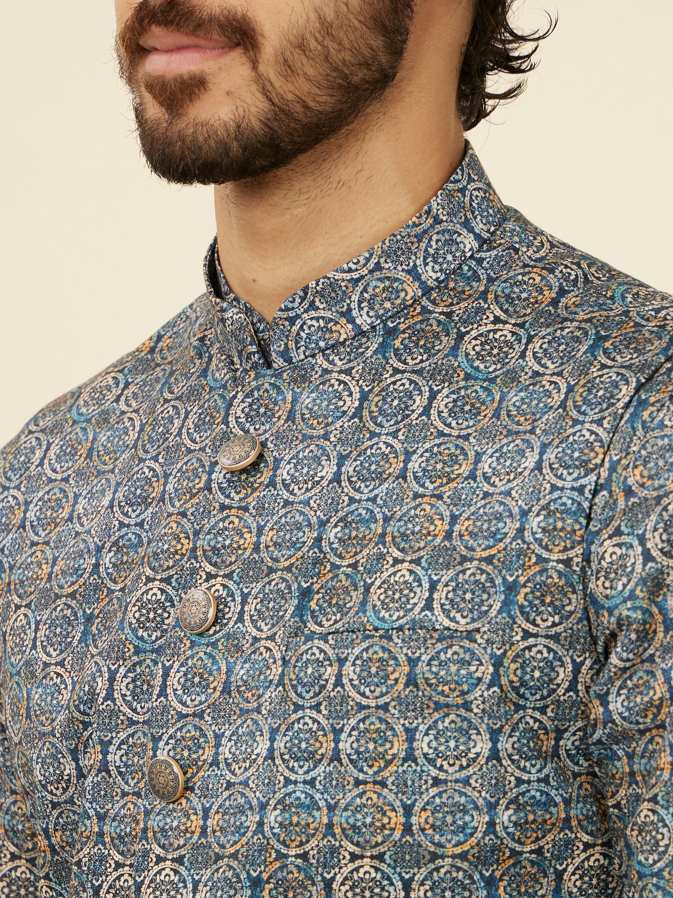 Manyavar Men Dark Blue Self Patterned Nehru Jacket