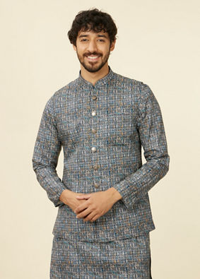 alt message - Manyavar Men Dark Blue Self Patterned Nehru Jacket