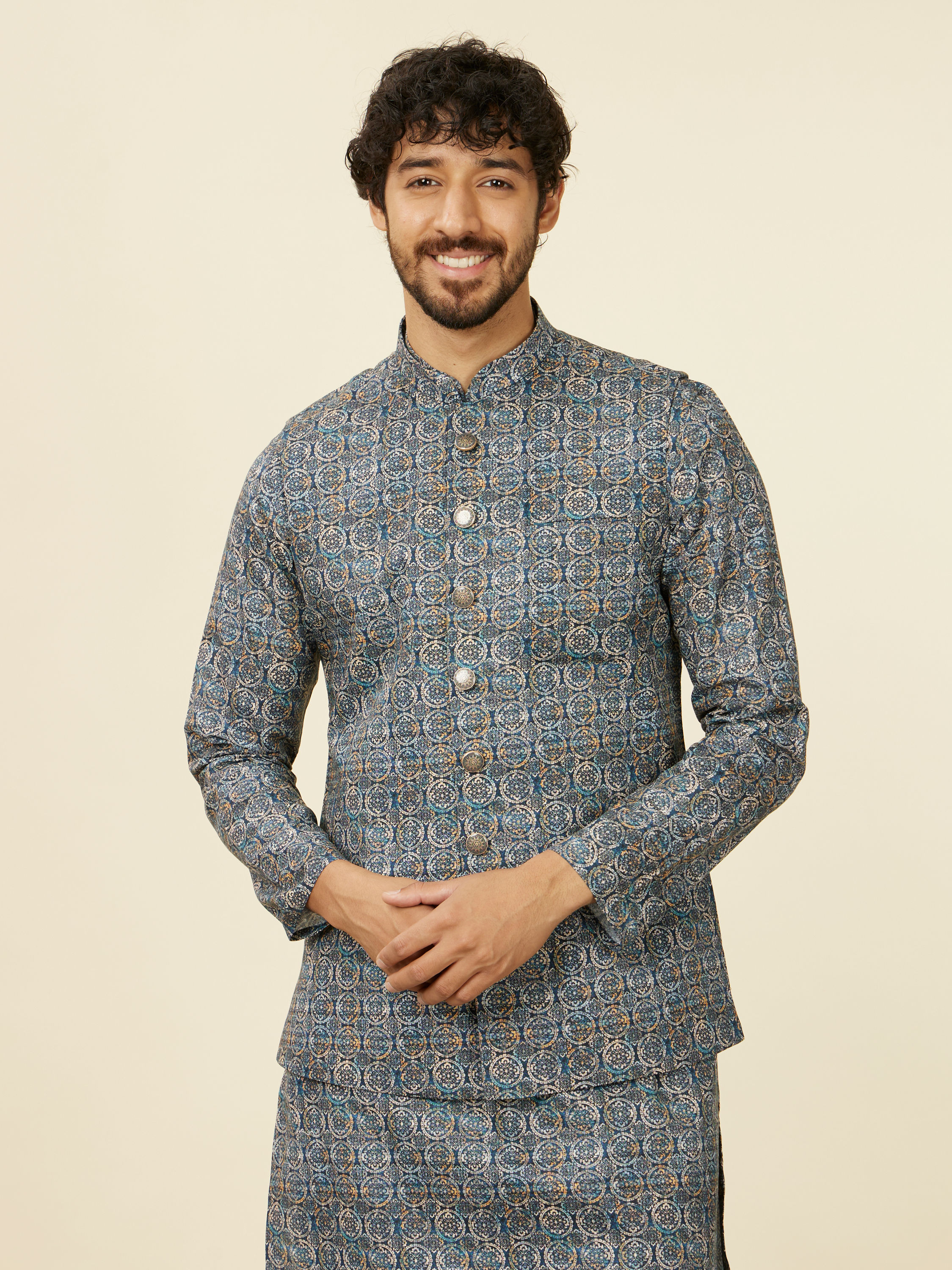 Manyavar Men Dark Blue Self Patterned Nehru Jacket