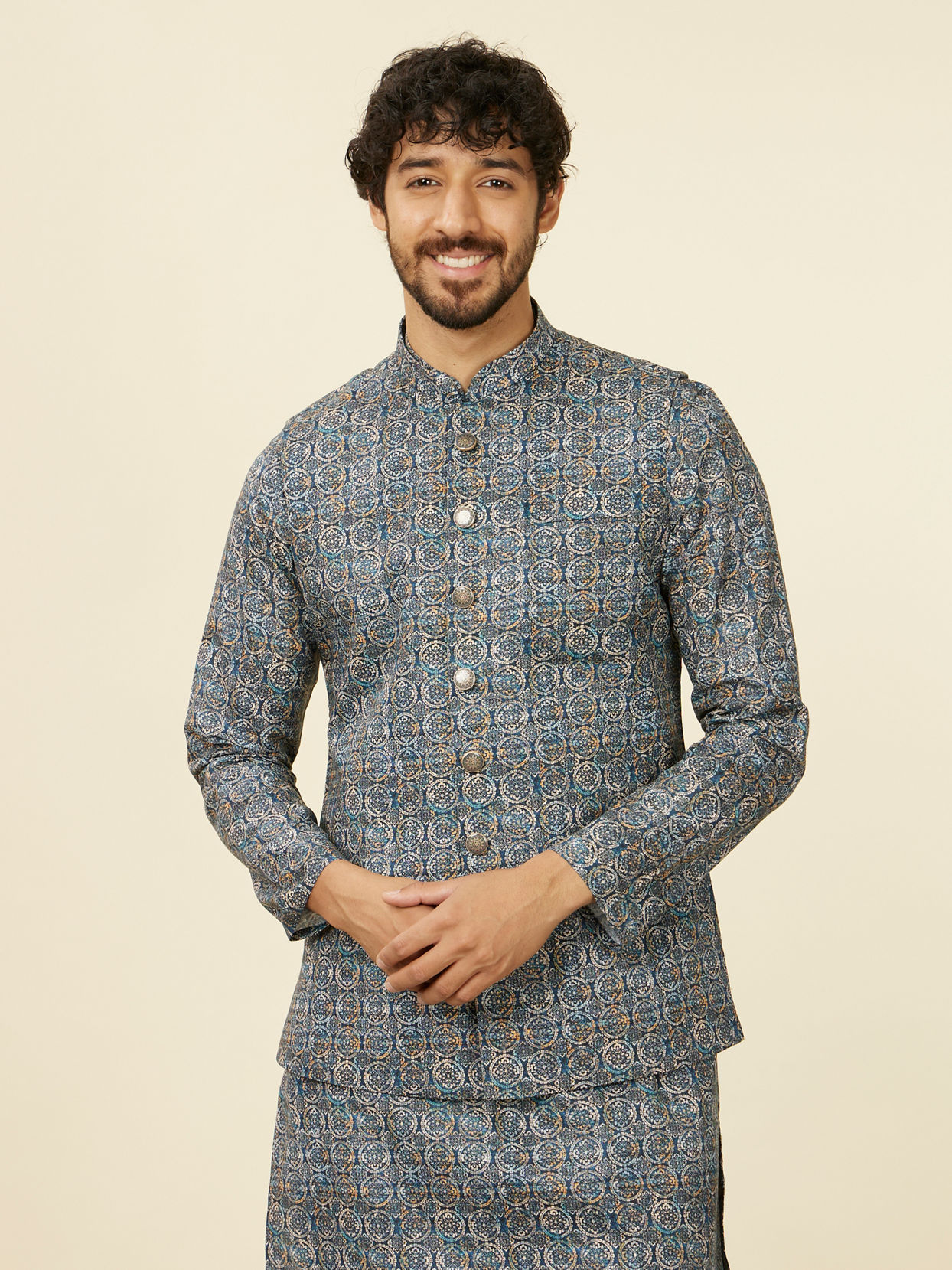 alt message - Manyavar Men Dark Blue Self Patterned Nehru Jacket image number 0