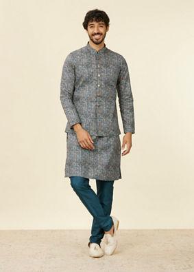 Manyavar Men Dark Blue Self Patterned Nehru Jacket image number 2