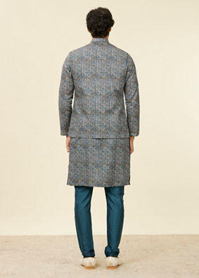 Manyavar Men Dark Blue Self Patterned Nehru Jacket image number 3