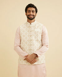 Manyavar Men Warm White Ogee Jaal Patterned Nehru Jacket