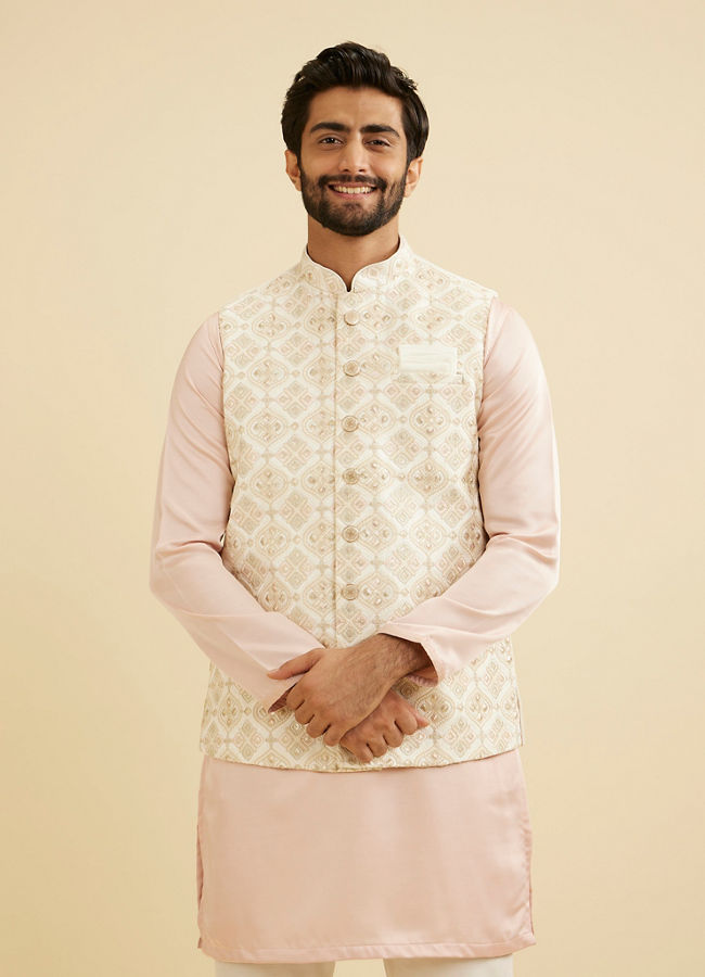 Manyavar Men Warm White Ogee Jaal Patterned Nehru Jacket image number 0