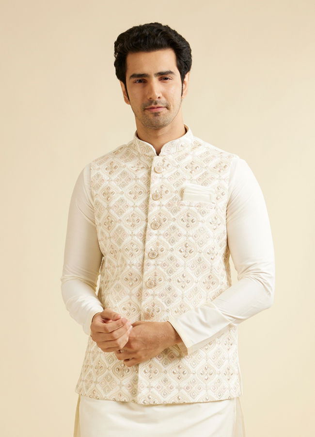 alt message - Manyavar Men Warm White Ogee Jaal Patterned Nehru Jacket image number 0