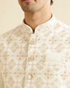 alt message - Manyavar Men Warm White Ogee Jaal Patterned Nehru Jacket image number 1