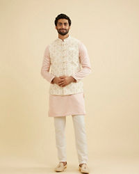 Manyavar Men Warm White Ogee Jaal Patterned Nehru Jacket