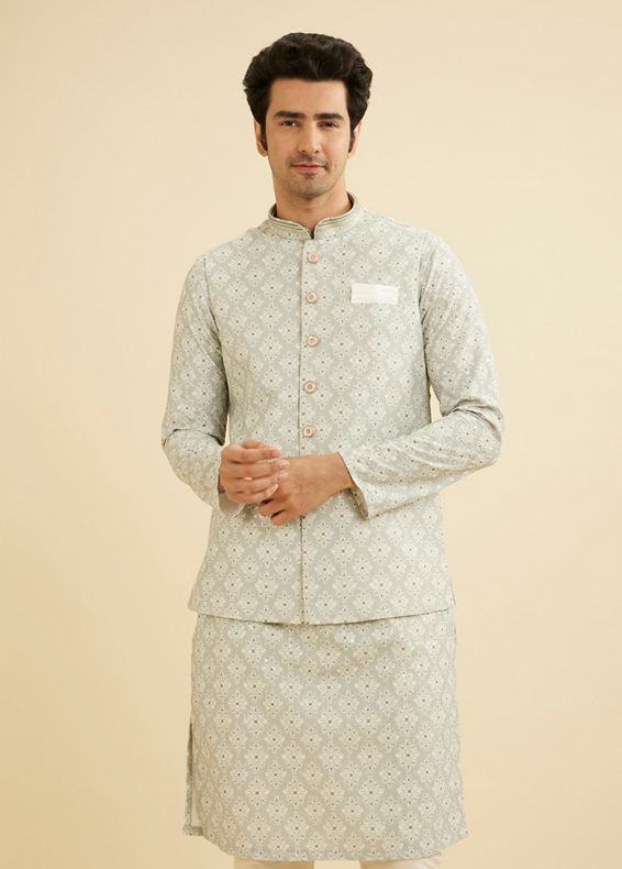 Manyavar Men Pista Green Buta Jaal Patterned Jacket