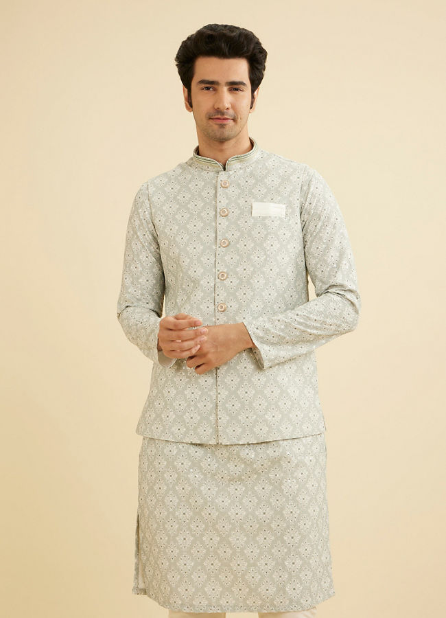 Manyavar Men Pista Green Buta Jaal Patterned Jacket image number 0