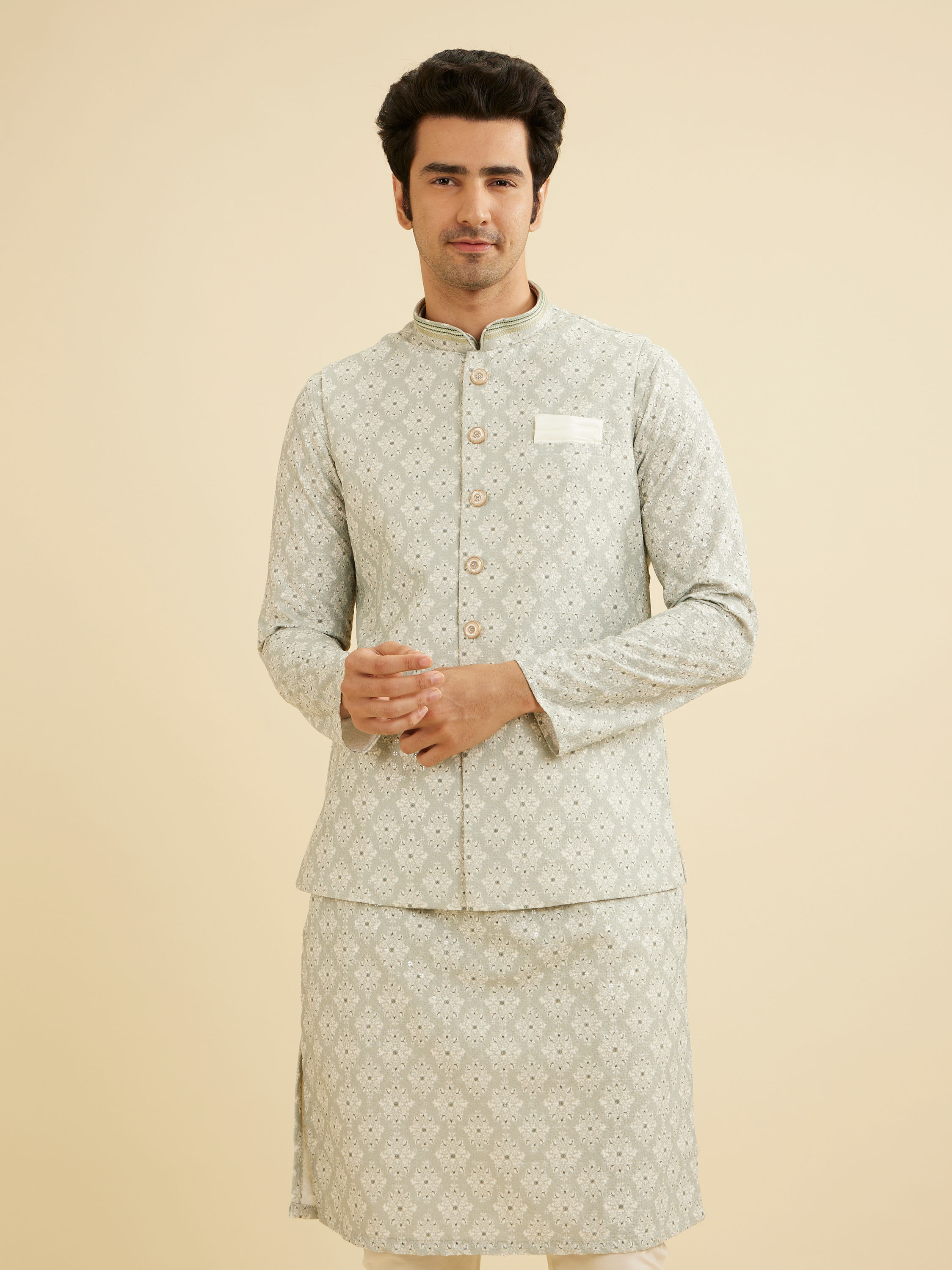 Manyavar Men Pista Green Buta Jaal Patterned Jacket