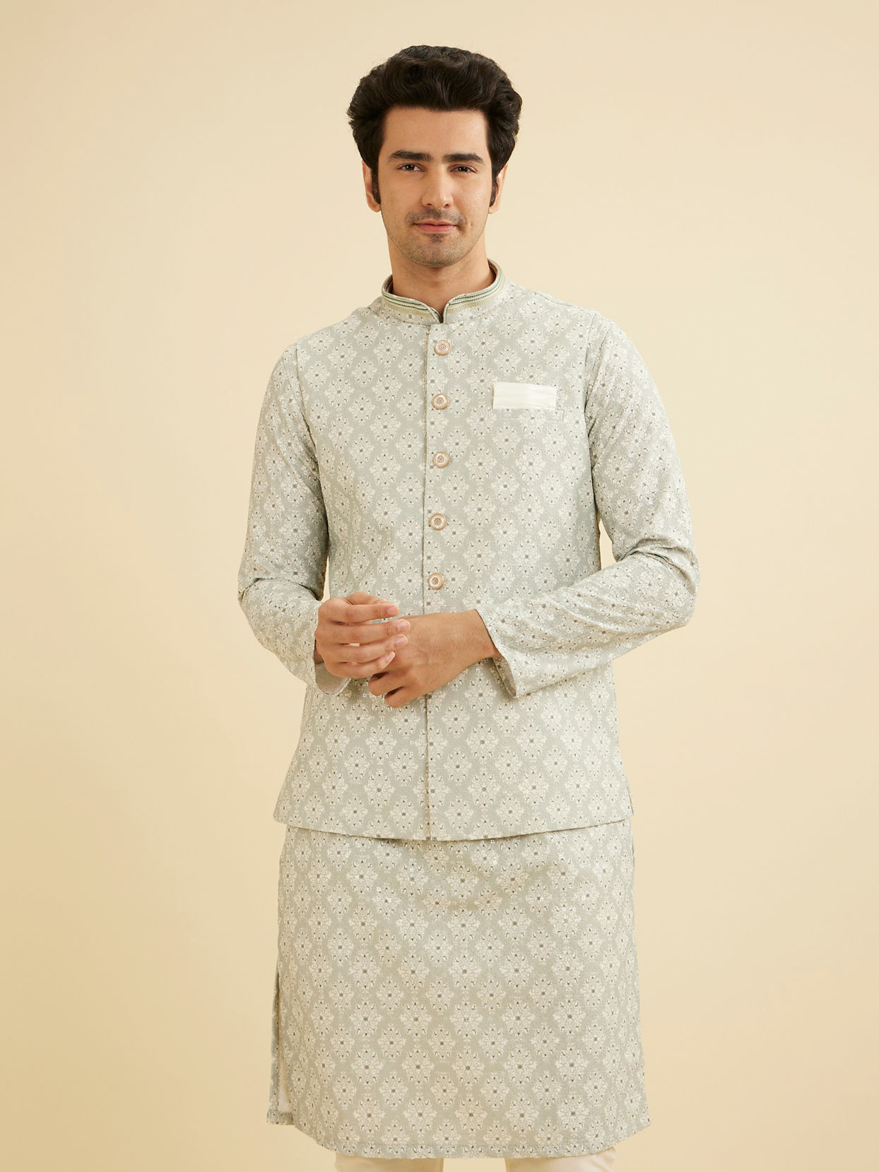 Manyavar Men Pista Green Buta Jaal Patterned Jacket image number 0