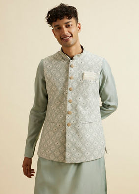 alt message - Manyavar Men Pista Green Buta Jaal Patterned Jacket