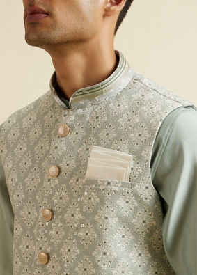 alt message - Manyavar Men Pista Green Buta Jaal Patterned Jacket image number 1