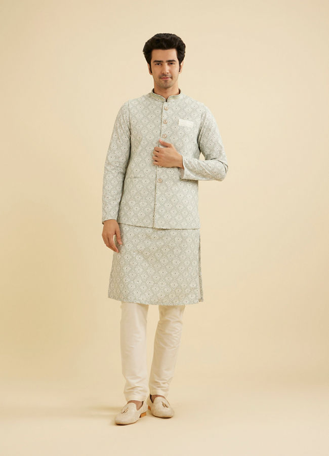 Manyavar Men Pista Green Buta Jaal Patterned Jacket image number 2