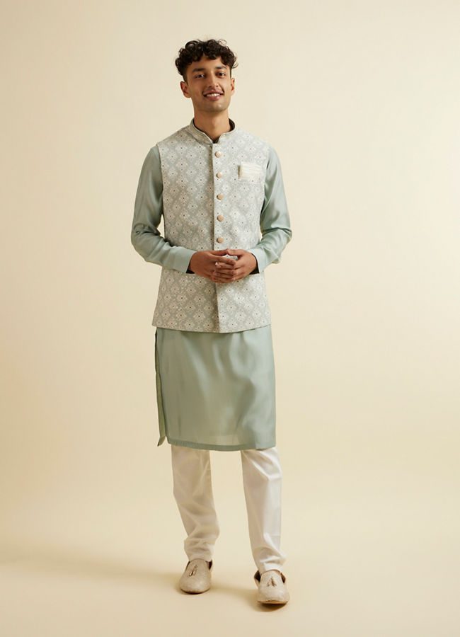 alt message - Manyavar Men Pista Green Buta Jaal Patterned Jacket image number 2