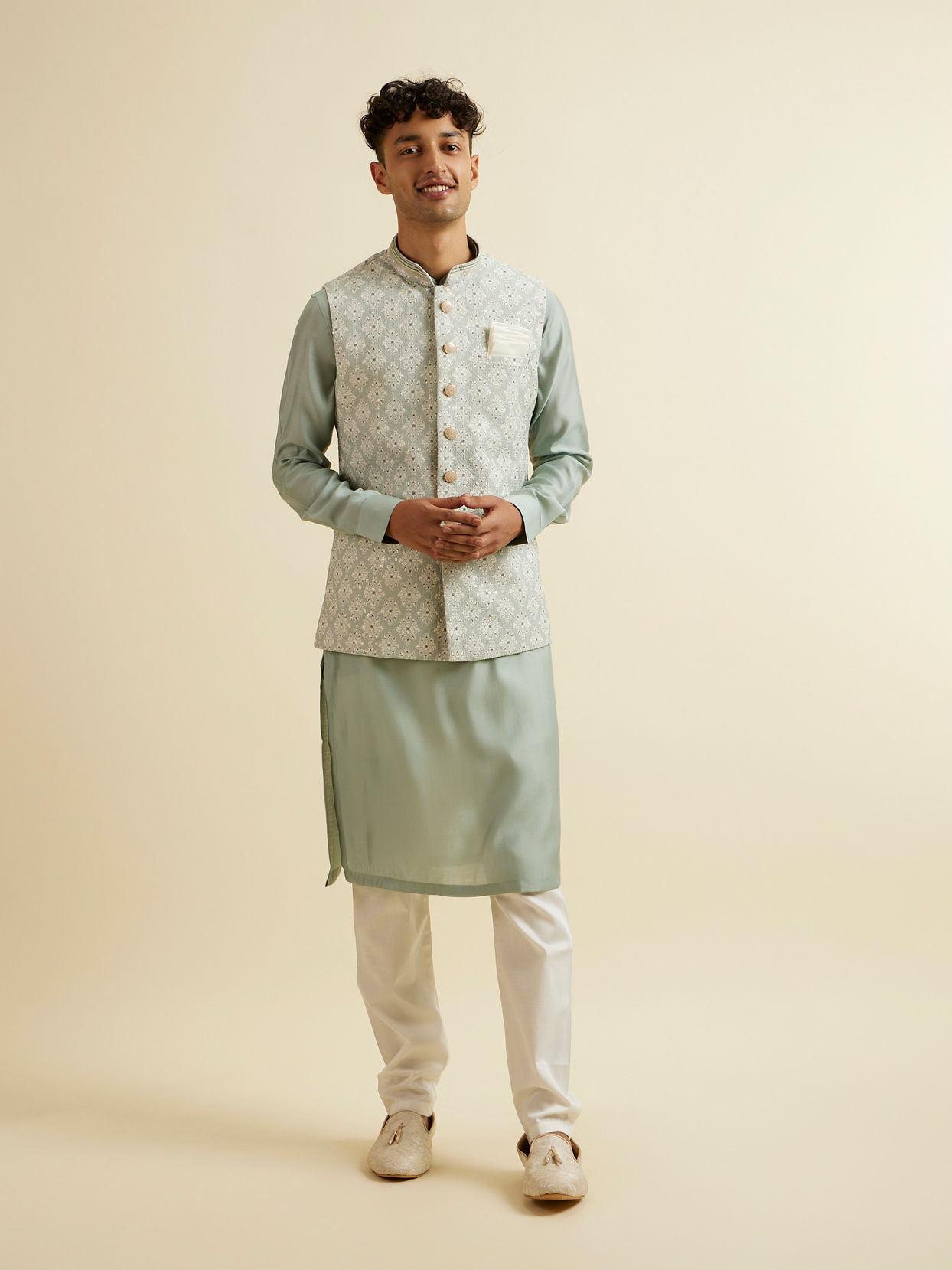 alt message - Manyavar Men Pista Green Buta Jaal Patterned Jacket image number 2