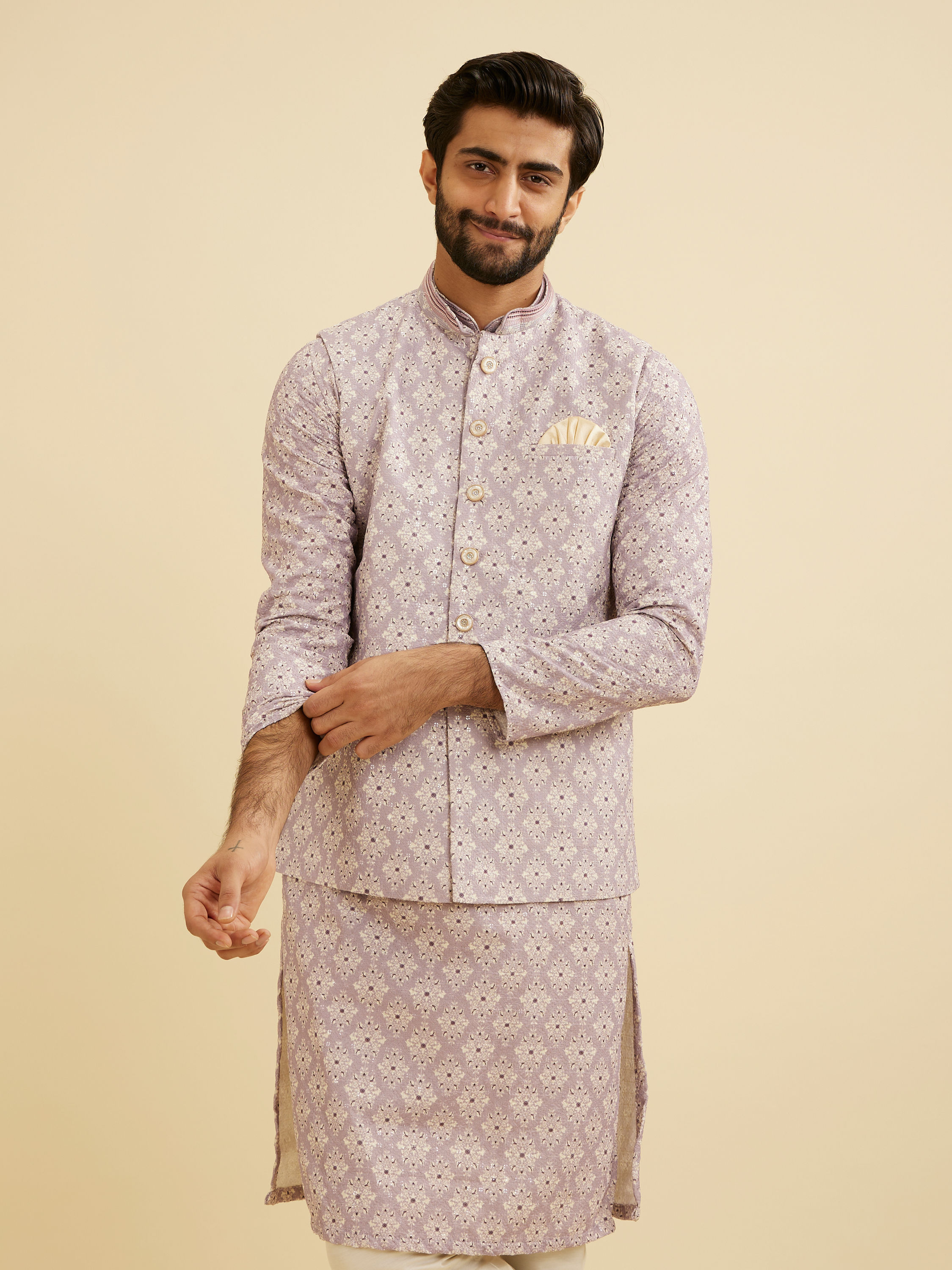 Manyavar Men Lilac Buta Jaal Patterned Jacket