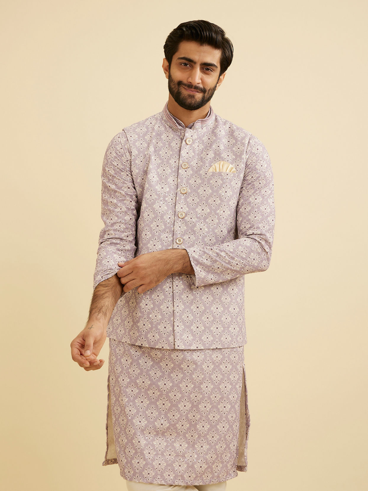 Manyavar Men Lilac Buta Jaal Patterned Jacket image number 0