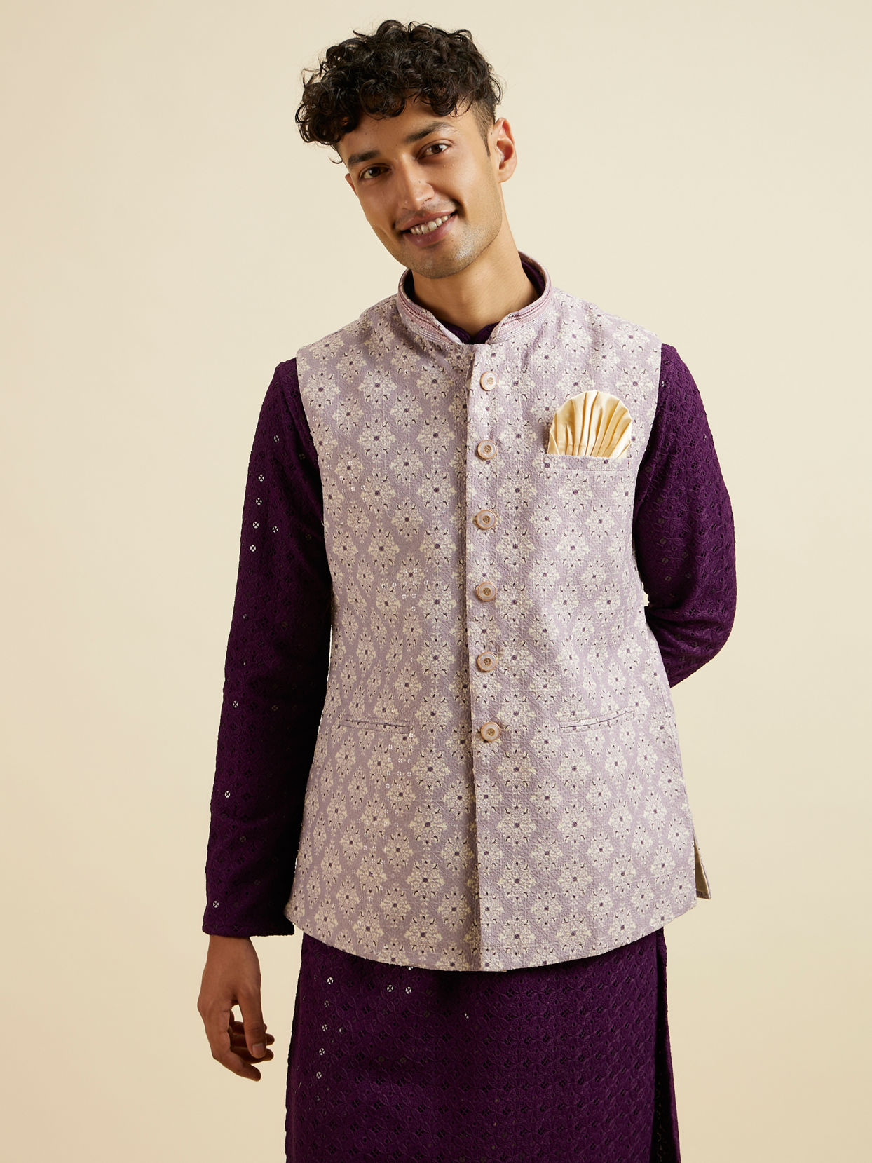 alt message - Manyavar Men Lilac Buta Jaal Patterned Jacket image number 0