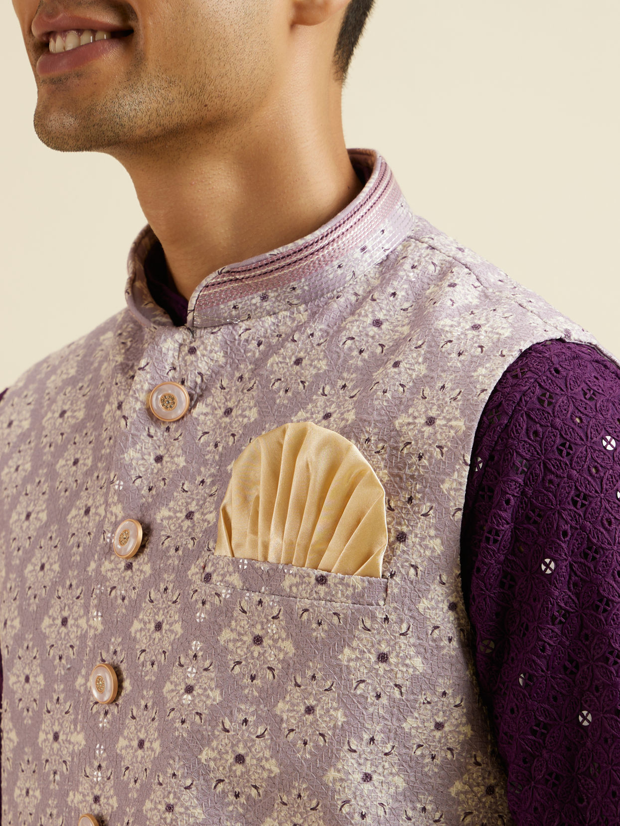 alt message - Manyavar Men Lilac Buta Jaal Patterned Jacket image number 1