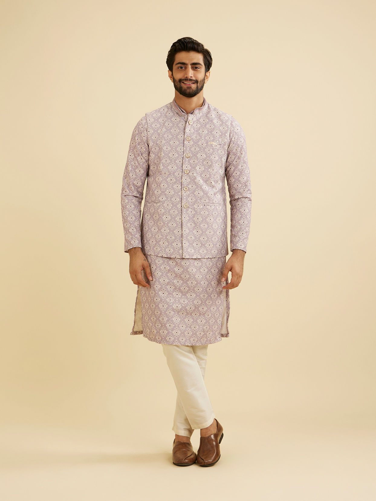 Manyavar Men Lilac Buta Jaal Patterned Jacket image number 2