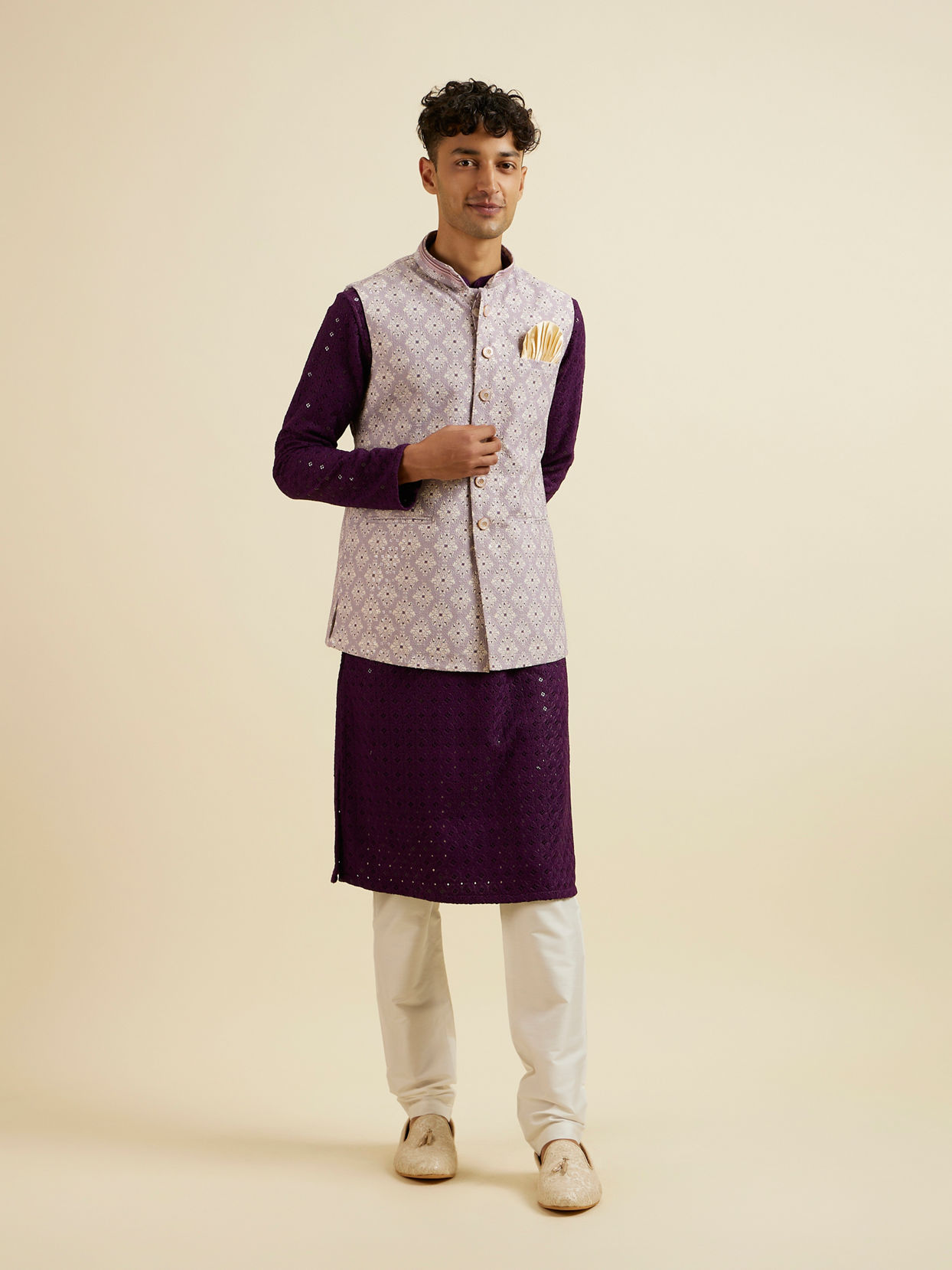 alt message - Manyavar Men Lilac Buta Jaal Patterned Jacket image number 2