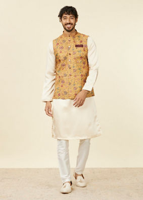 alt message - Manyavar Men Mustard Yellow Bel Buti Patterned Nehru Jacket image number 2