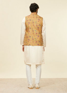 alt message - Manyavar Men Mustard Yellow Bel Buti Patterned Nehru Jacket image number 3