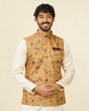 alt message - Manyavar Men Mustard Yellow Bel Buti Patterned Nehru Jacket image number 0