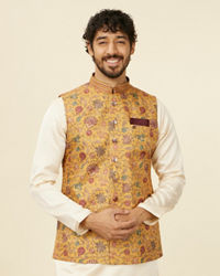 Manyavar Men Mustard Yellow Bel Buti Patterned Nehru Jacket