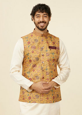 Manyavar Men Mustard Yellow Bel Buti Patterned Nehru Jacket