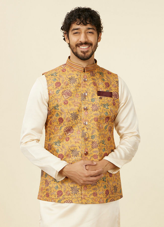 alt message - Manyavar Men Mustard Yellow Bel Buti Patterned Nehru Jacket image number 0