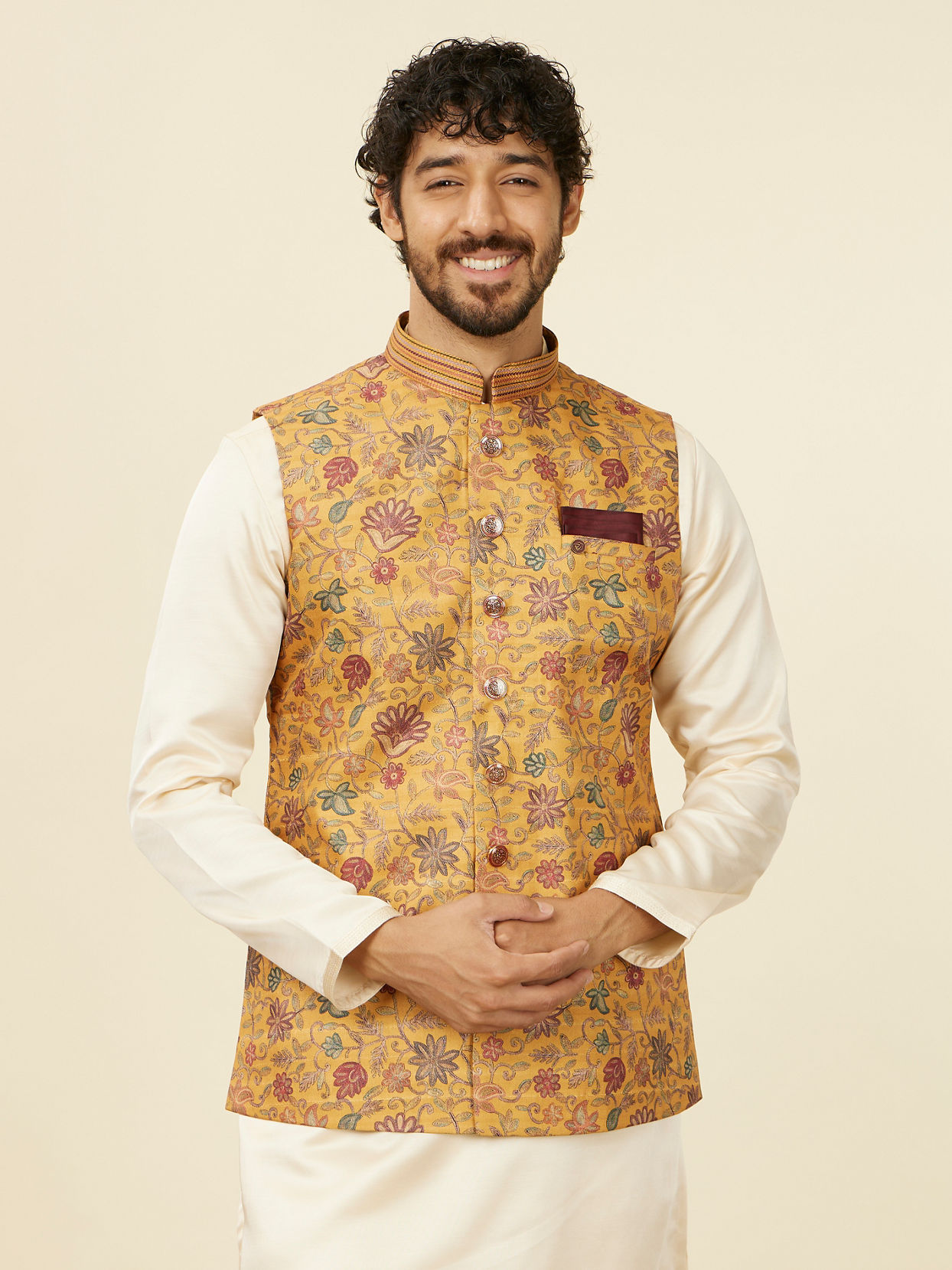 alt message - Manyavar Men Mustard Yellow Bel Buti Patterned Nehru Jacket image number 0