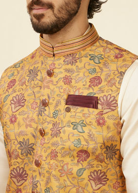 alt message - Manyavar Men Mustard Yellow Bel Buti Patterned Nehru Jacket image number 1